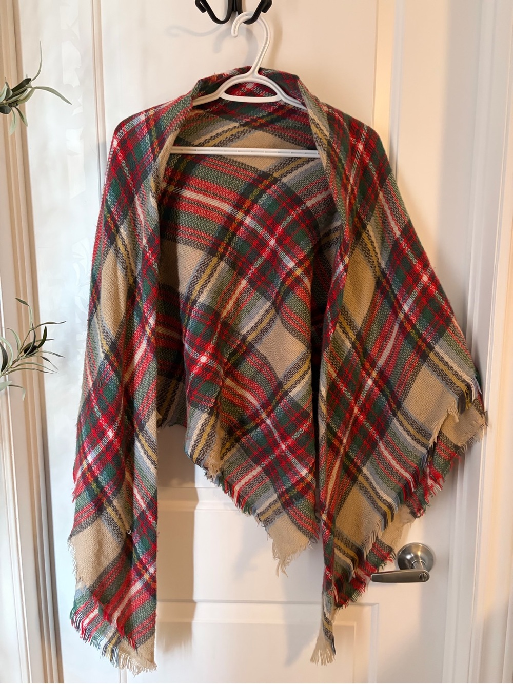 Plaid Fringe Blanket Scarf in Red, Green & Tan
